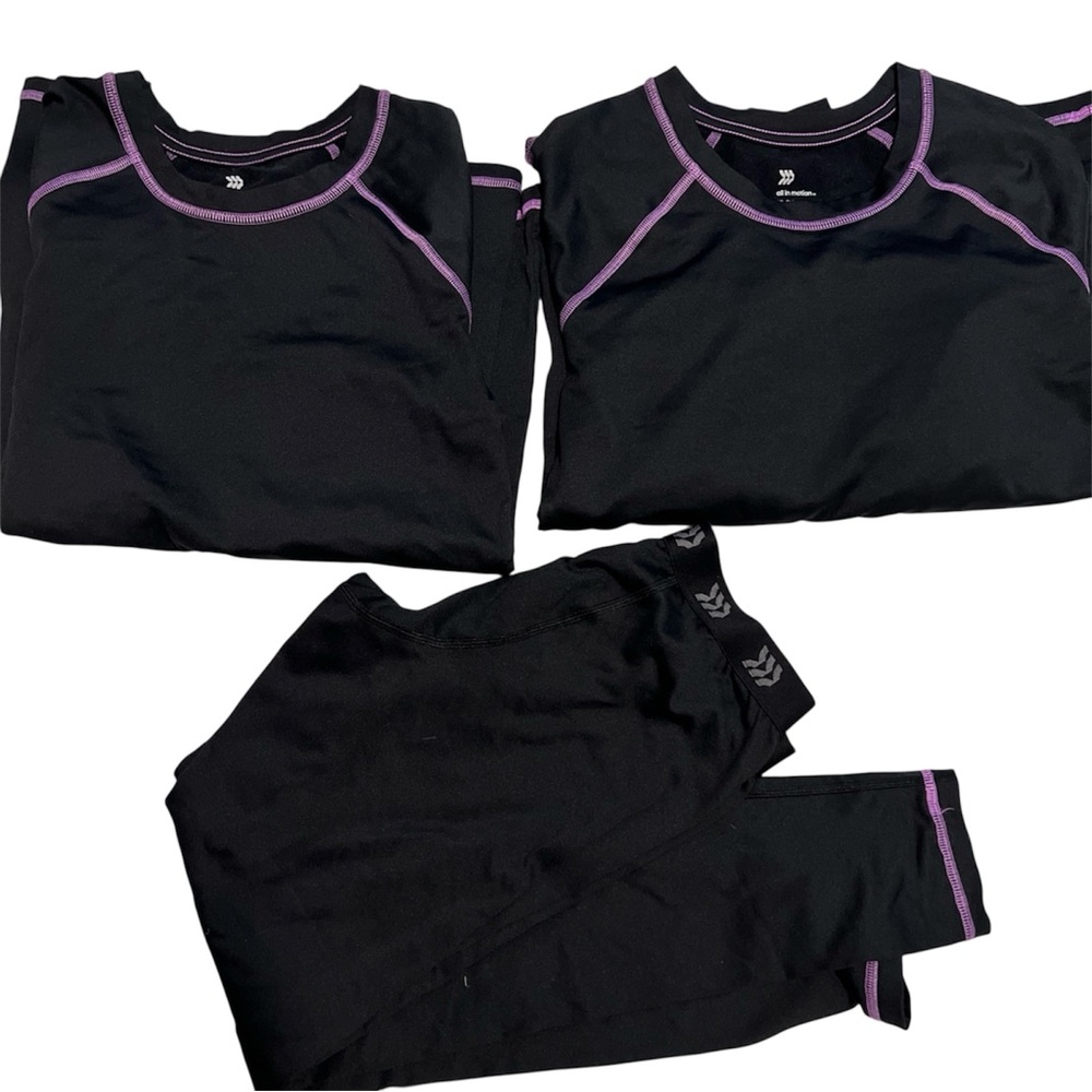 All In Motion Girls XL (14) Black Purple Long Sleeve Thermal Tee Pants 3 piece